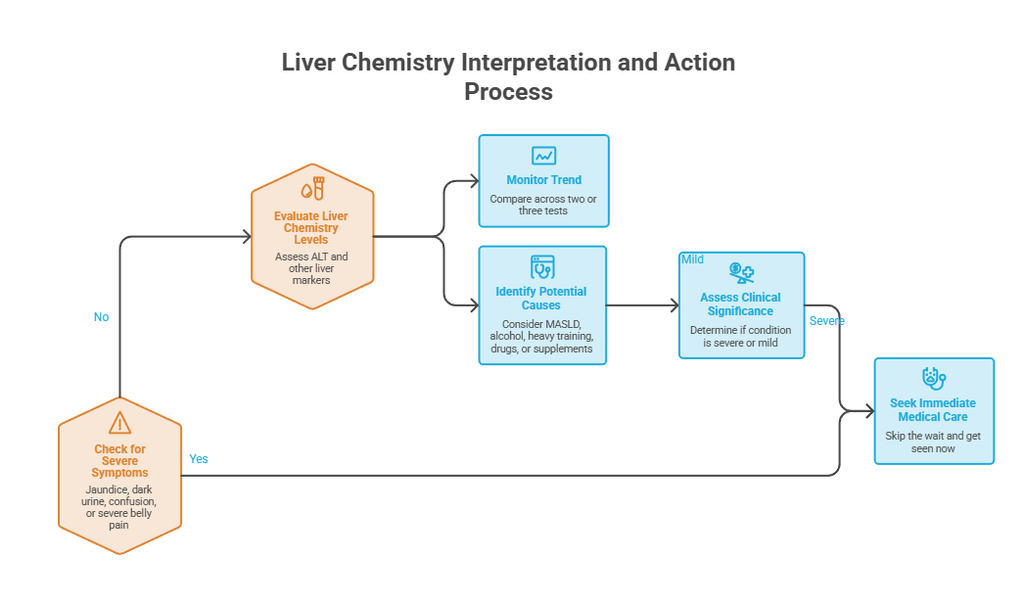 Flowchart illustrating liver chemistry evaluation process with steps and symptoms to check for. Infographic.