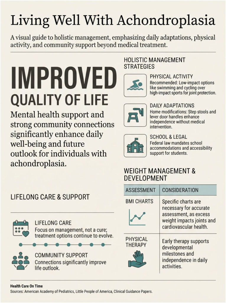 Infographic on living well with achondroplasia, highlighting holistic management strategies and quality of life improvements.