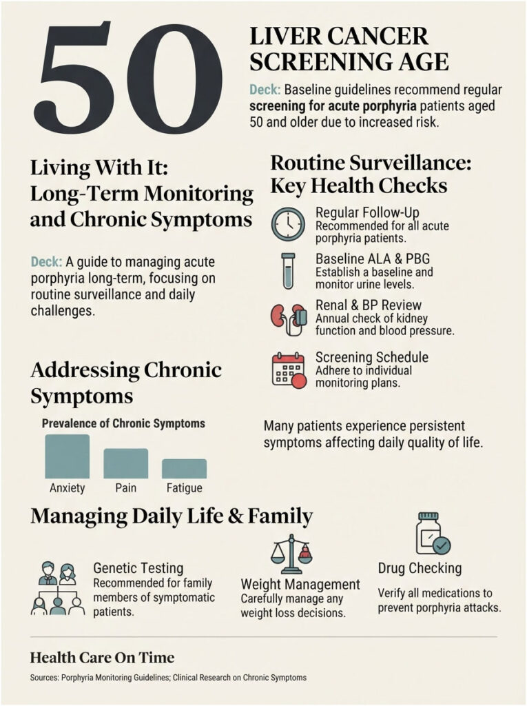Infographic on liver cancer screening age for acute porphyria patients, highlighting key health checks and chronic symptoms.