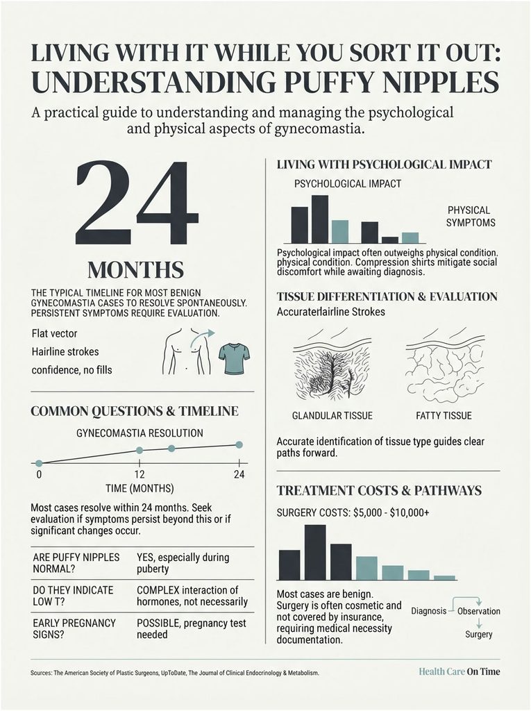 Infographic explaining gynecomastia, including psychological impacts, tissue types, and treatment costs.