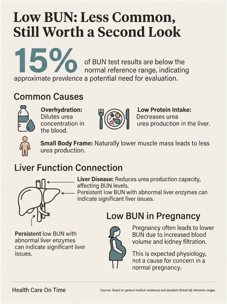 Infographic explaining low BUN levels, causes, liver function connection, and implications in pregnancy.