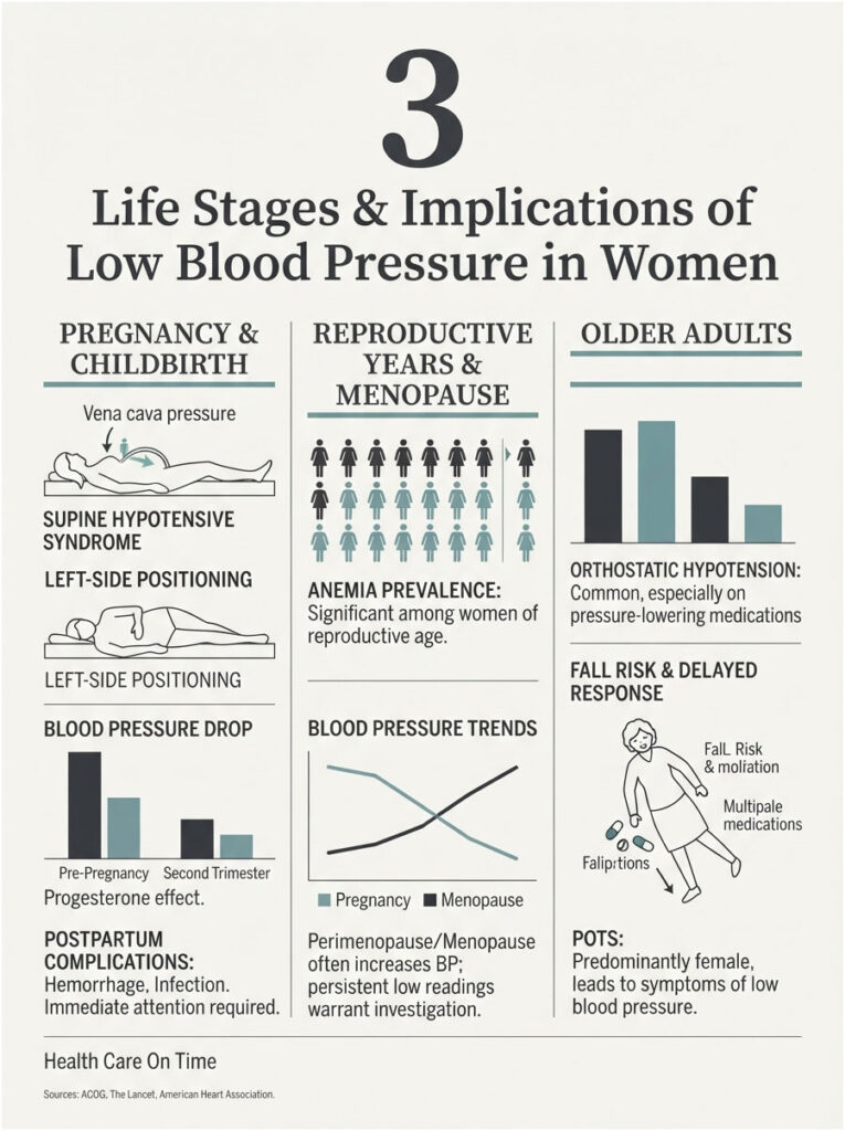 Infographic showing life stages and implications of low blood pressure in women, including charts and illustrations.