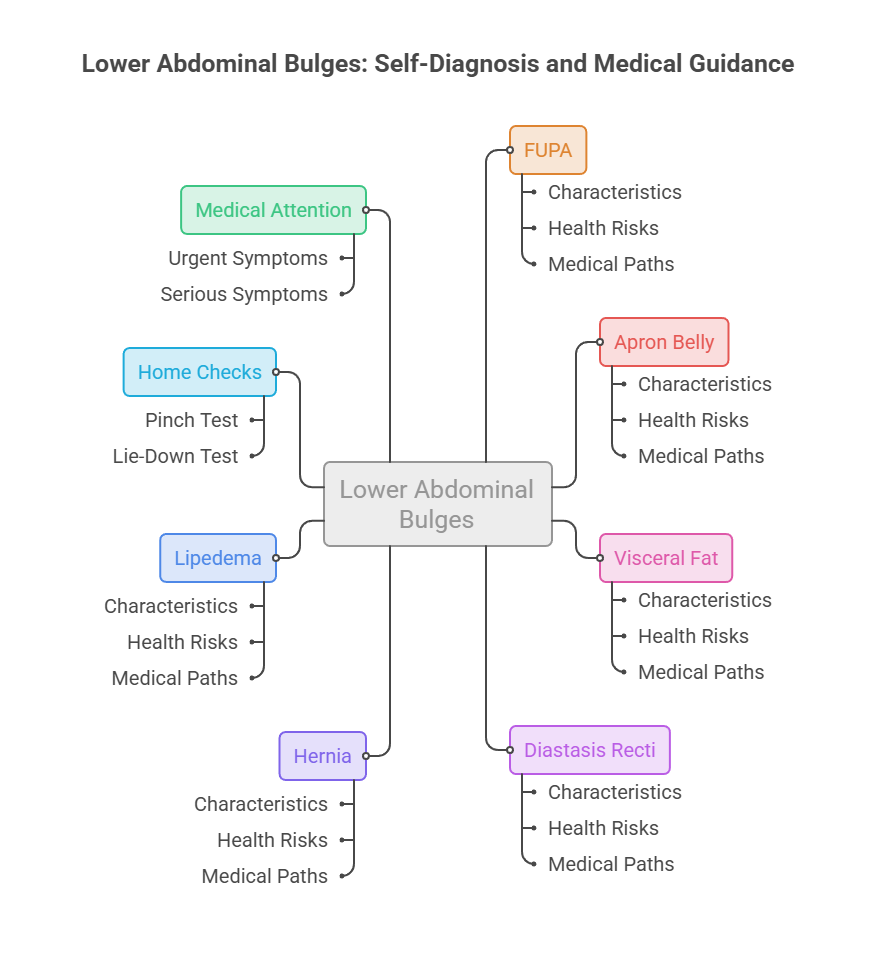 Infographic on lower abdominal bulges with categories like FUPA, Apron Belly, and Lipedema showing characteristics and health risks.