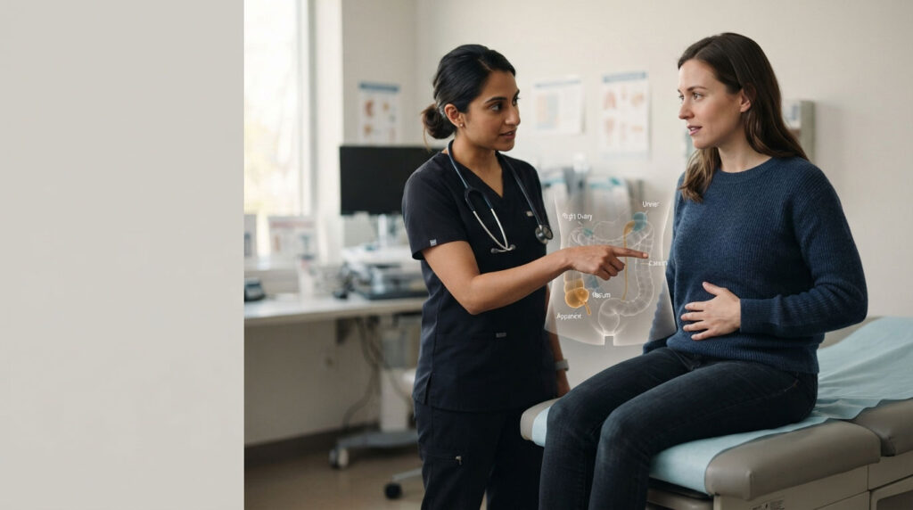 A healthcare professional explains anatomy to a pregnant woman in a medical office, using a digital display.
