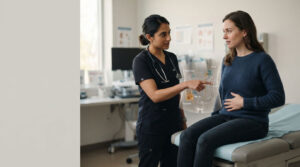 A healthcare professional explains anatomy to a pregnant woman in a medical office, using a digital display.