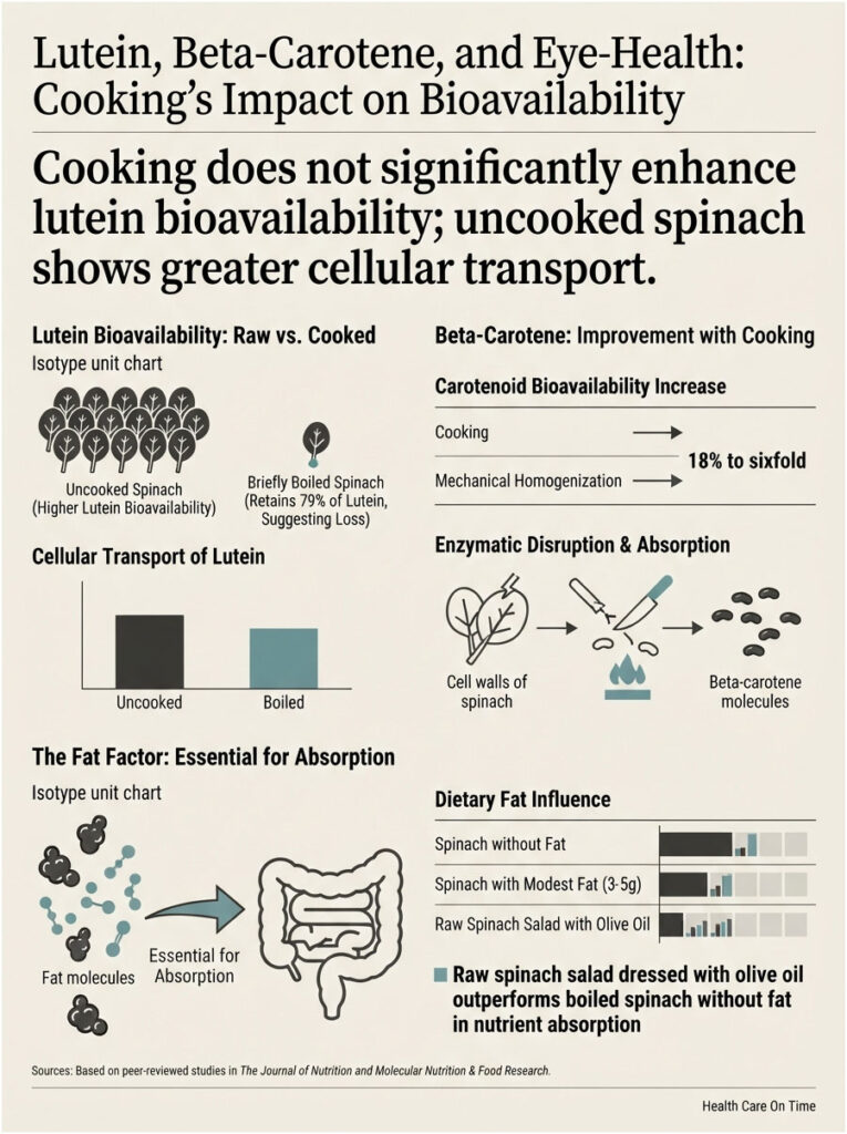 Infographic showing lutein and beta-carotene bioavailability in spinach, highlighting cooking effects and nutrient absorption.