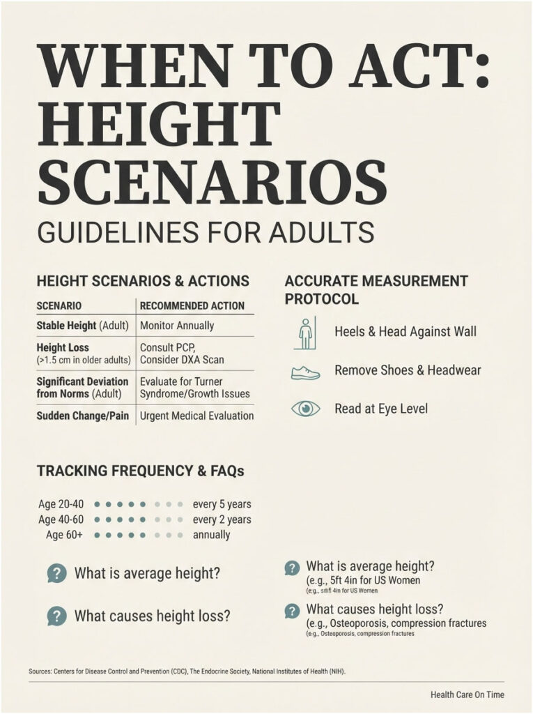 Infographic detailing height scenarios and actions for adults, including measurement protocols and tracking frequency.