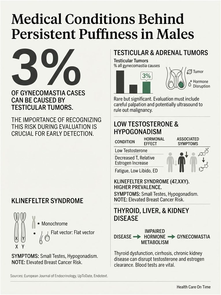 Infographic showing medical conditions causing persistent puffiness in males, including testicular tumors and Klinefelter syndrome.