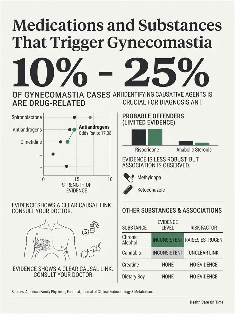 Infographic showing medications and substances triggering gynecomastia with charts and statistics on evidence levels.