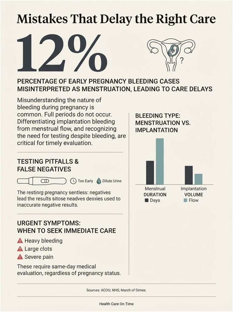 Infographic showing 12% of early pregnancy bleeding misinterpreted as menstruation, with charts on bleeding types and symptoms.