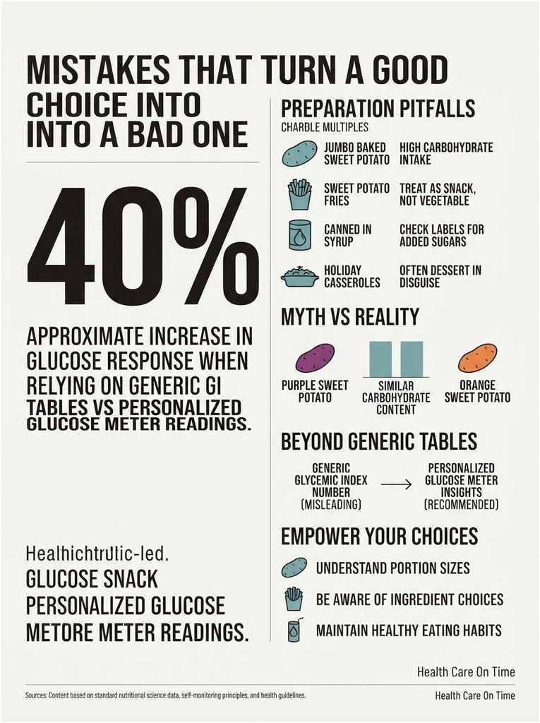 Infographic showing glucose response increase, preparation pitfalls, and personalized glucose meter insights.