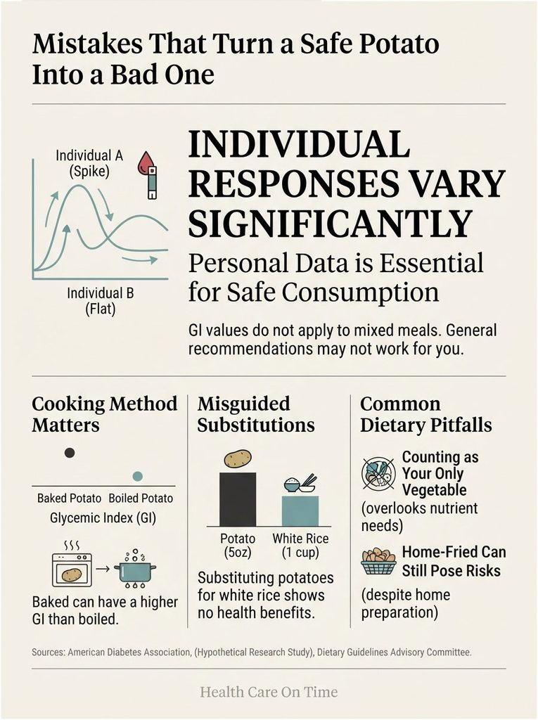 Infographic showing dietary mistakes with graphs, cooking methods, and dietary pitfalls related to potatoes and rice.