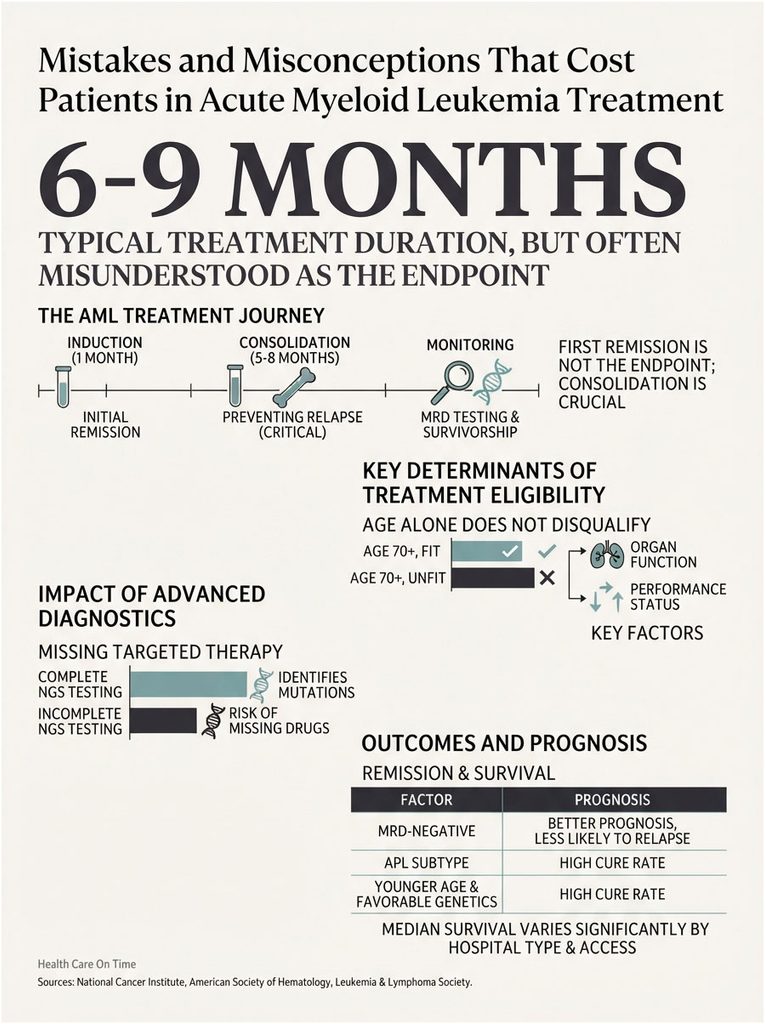 Infographic detailing misconceptions in Acute Myeloid Leukemia treatment, highlighting timelines and key factors.
