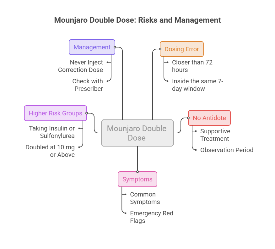 Infographic explaining Mounjaro double dose risks and management with sections on symptoms, higher risk groups, and dosing errors.
