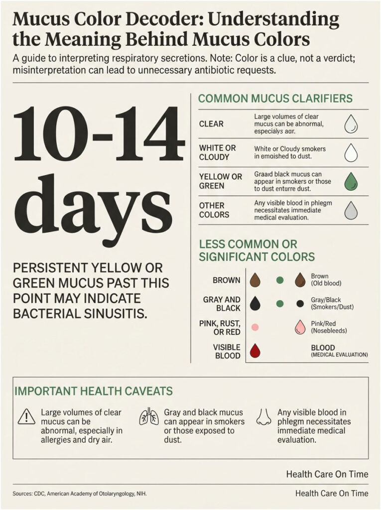 Infographic explaining mucus color meanings, including clarifiers and health caveats related to mucus colors.
