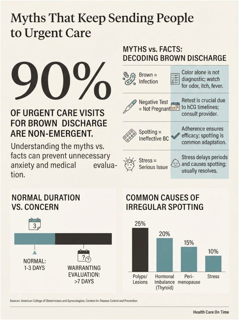 Infographic showing myths vs. facts about brown discharge and urgent care visits, including statistics and causes.