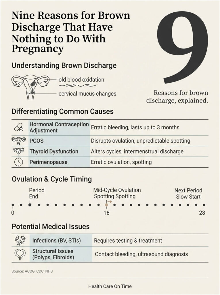 Infographic explaining nine reasons for brown discharge, including hormonal causes and medical issues.