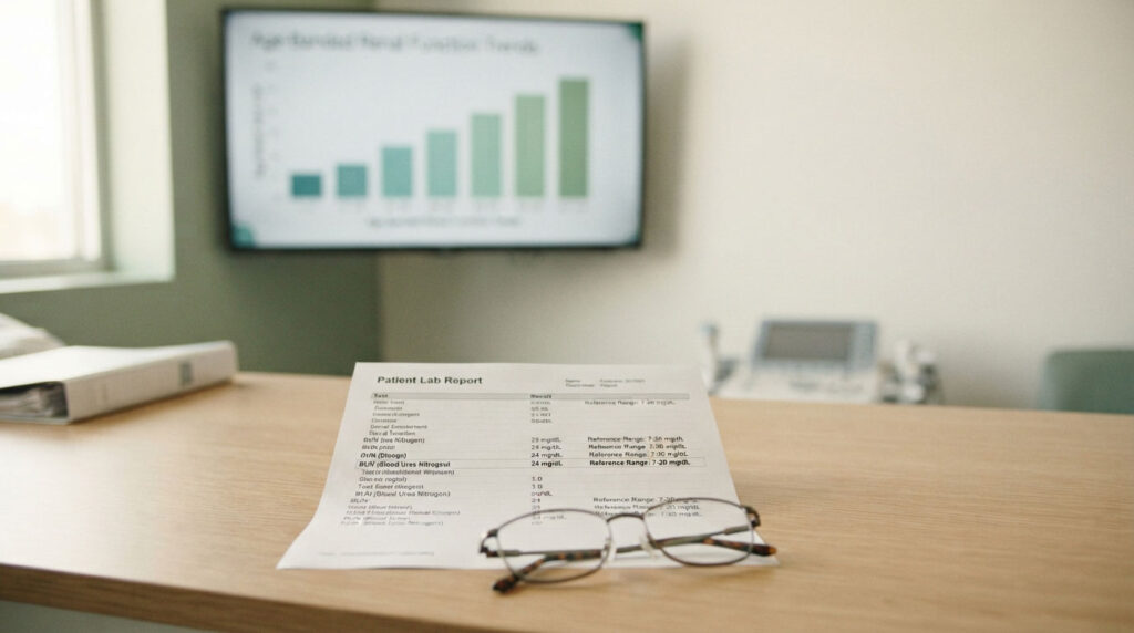 A patient lab report rests on a wooden table with glasses beside it, while a chart displays on a screen in the background.