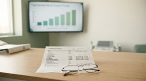 A patient lab report rests on a wooden table with glasses beside it, while a chart displays on a screen in the background.