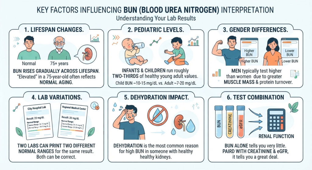 Infographic explaining factors influencing BUN interpretation with charts and illustrations on lifespan, pediatric levels, and dehydration.