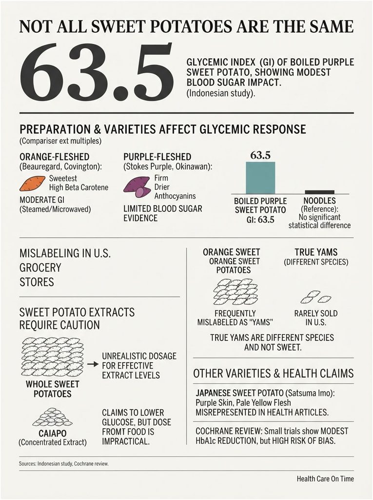 Infographic showing glycemic index of boiled purple sweet potato and comparisons with other varieties and health claims.