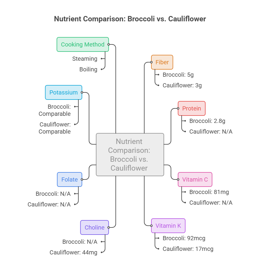 Nutrient comparison infographic showing broccoli and cauliflower with data on fiber, protein, vitamin C, and cooking methods.