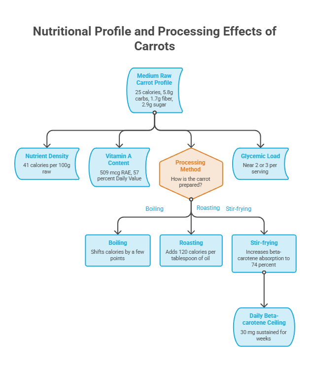 Nutritional profile of carrots including calorie count, vitamin A content, and processing effects like boiling and roasting. Infographic.