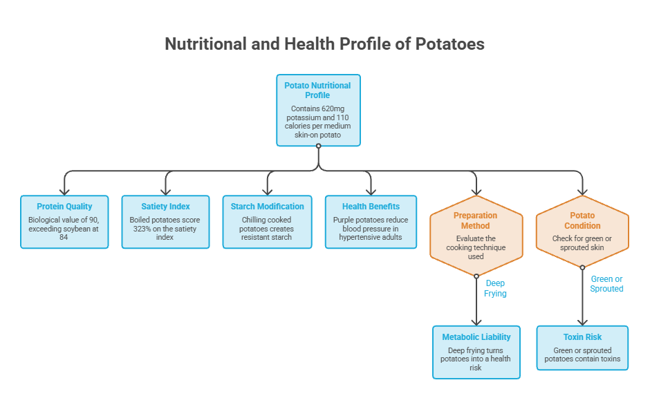 Infographic showing the nutritional profile of potatoes with data on protein quality, satiety index, and health benefits.