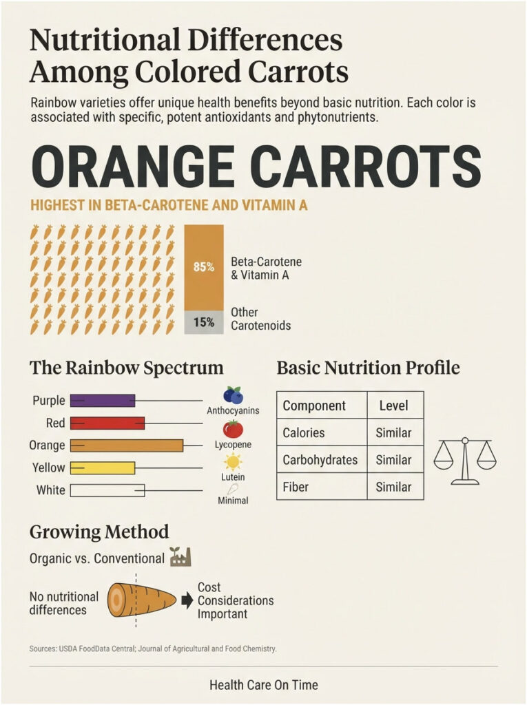 Infographic showing nutritional differences among colored carrots, highlighting orange carrots' benefits and rainbow spectrum.