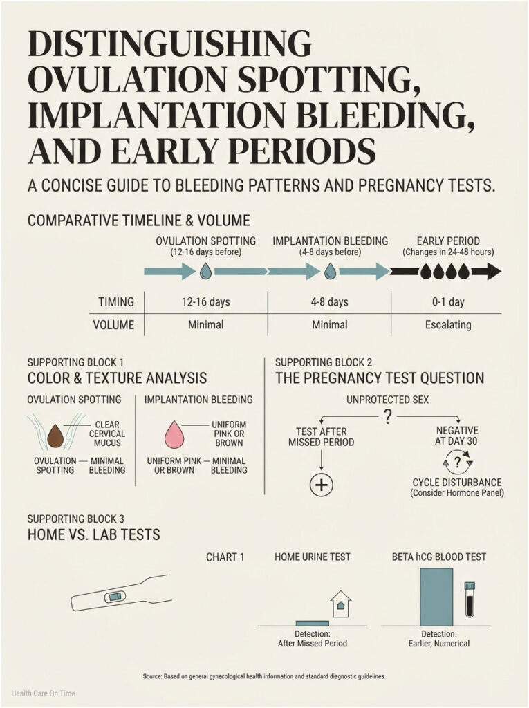 Infographic comparing ovulation spotting, implantation bleeding, and early periods with timelines and test guidance.