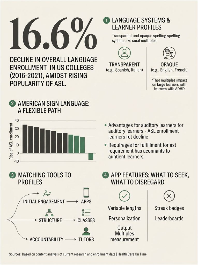Infographic showing 16.6% decline in language enrollment, ASL rise, learner profiles, and app features.