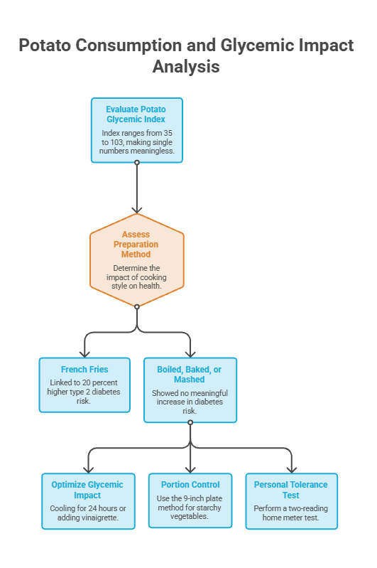 Infographic analyzing potato consumption and glycemic impact with flowchart on preparation methods and health effects.
