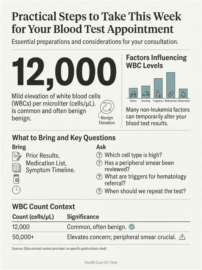 Infographic detailing blood test preparation steps, WBC count, and influencing factors with icons and text.