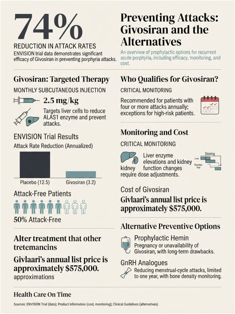 Infographic showing Givosiran's efficacy in reducing porphyria attacks, with statistics and treatment details.