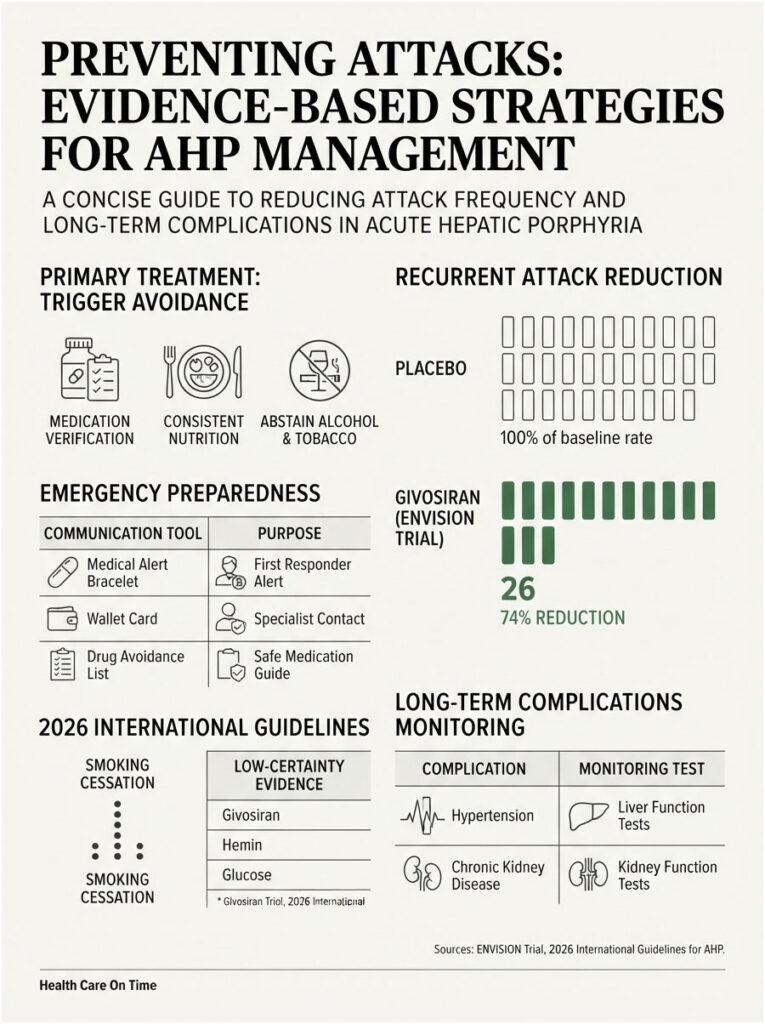 Infographic detailing strategies for AHP management, including treatment, emergency preparedness, and monitoring tests.
