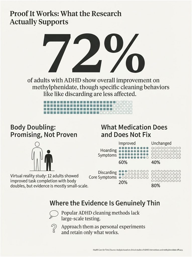 Infographic showing ADHD research findings, including statistics on medication effects and body doubling benefits.