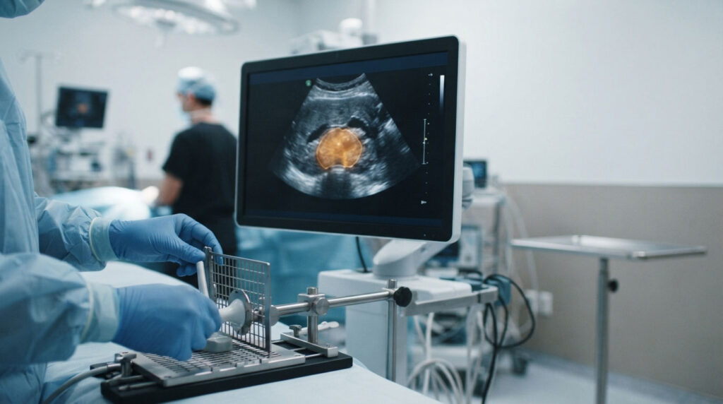 A medical professional prepares an ultrasound device in a surgical room with a monitor displaying an ultrasound image.