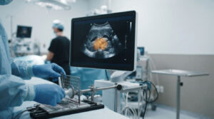A medical professional prepares an ultrasound device in a surgical room with a monitor displaying an ultrasound image.