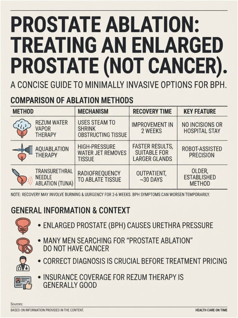 Infographic comparing prostate ablation methods for BPH, detailing mechanisms, recovery times, and key features.