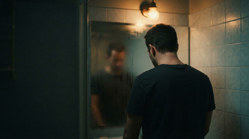 A man stands in a bathroom, looking at his reflection in a foggy mirror under soft lighting.
