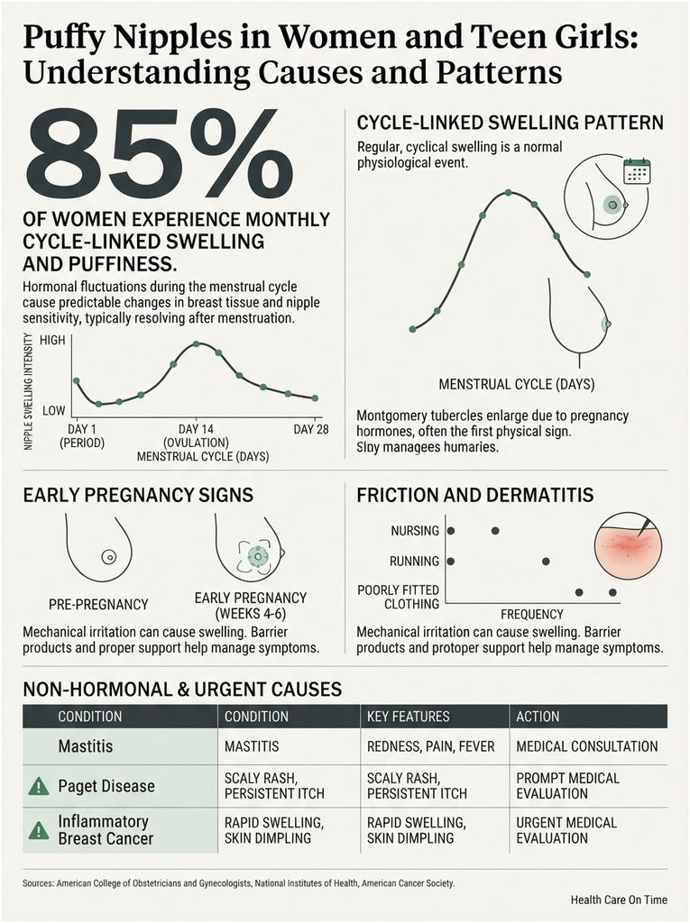 Infographic showing causes of puffy nipples in women, including cycle-linked swelling and early pregnancy signs.