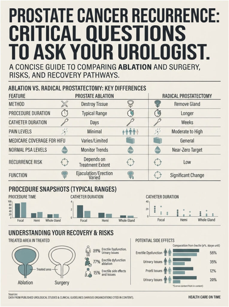 Infographic comparing prostate ablation and radical prostatectomy, detailing methods, risks, and recovery pathways.