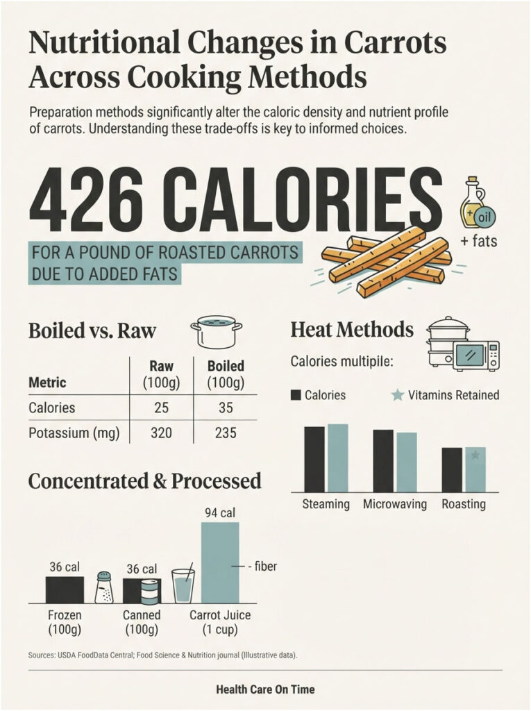 Infographic showing nutritional changes in carrots across cooking methods, including calorie counts and potassium levels.