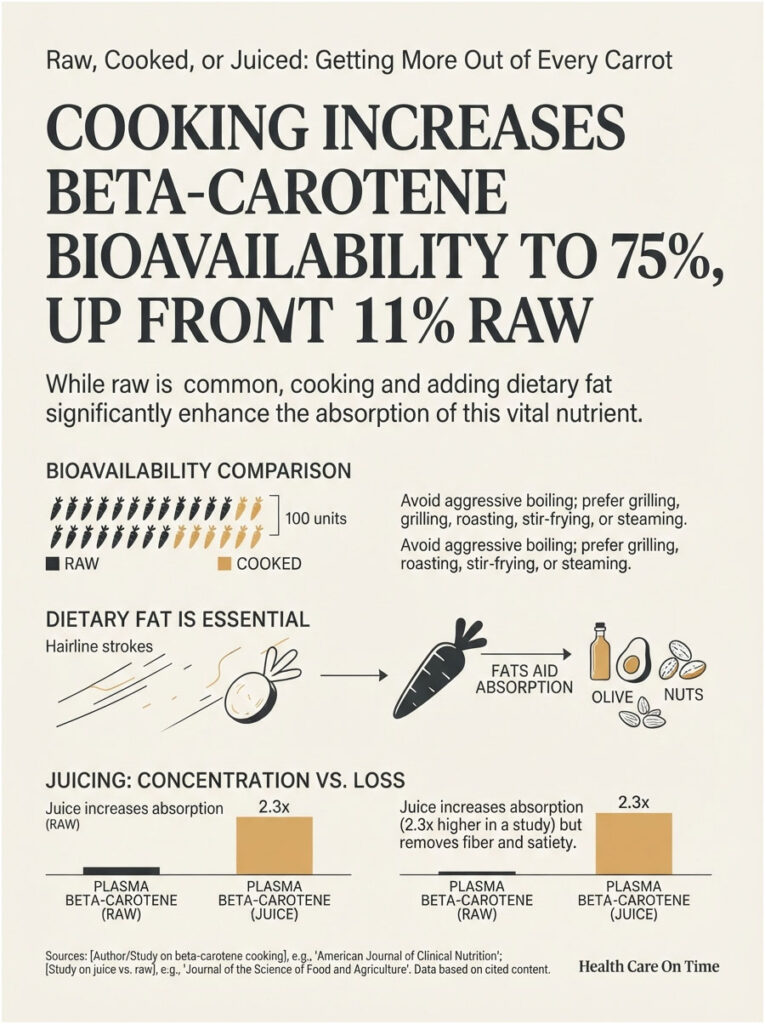 Infographic comparing beta-carotene bioavailability in raw, cooked, and juiced carrots with charts and illustrations.