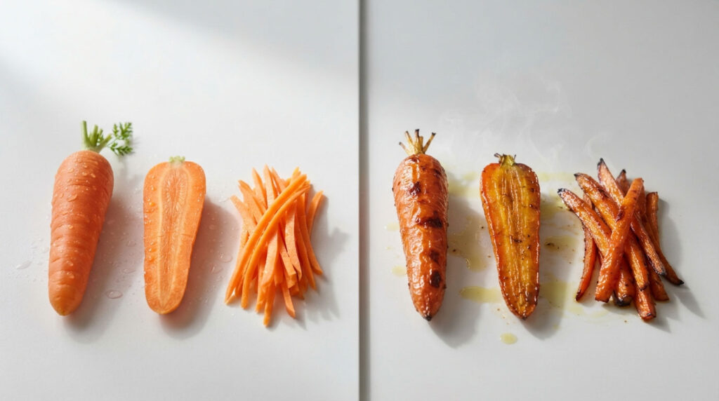 Fresh and cooked carrots displayed side by side on a white surface.