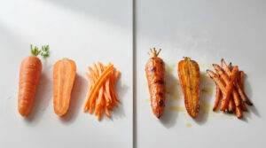 Fresh and cooked carrots displayed side by side on a white surface.