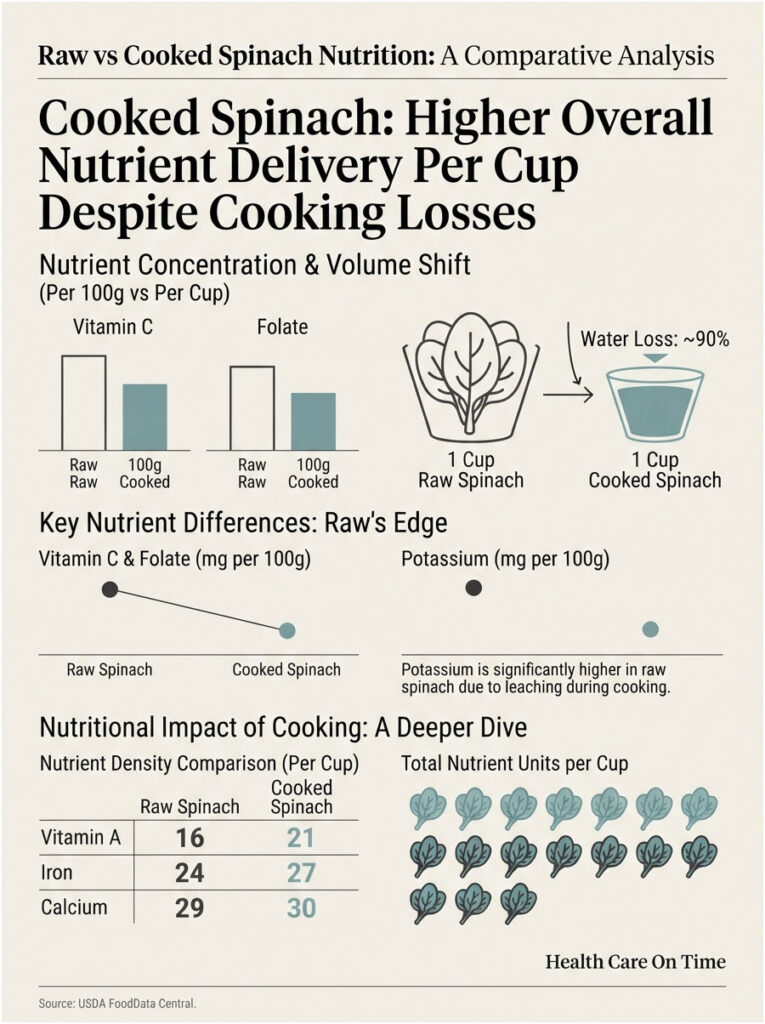 Infographic comparing raw and cooked spinach nutrition, showing vitamin C, folate, and nutrient density data.