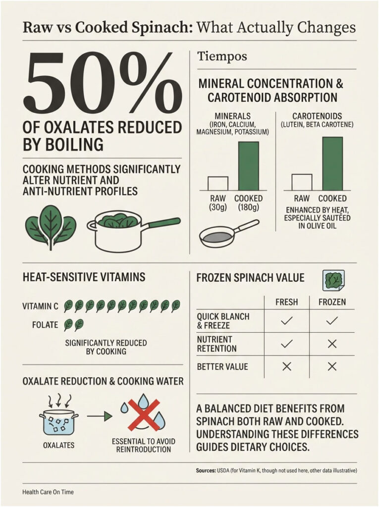 Infographic comparing raw and cooked spinach, highlighting nutrient changes, oxalate reduction, and cooking methods.