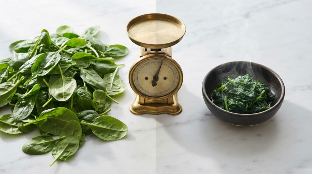 Fresh spinach leaves next to a vintage scale and a bowl of steamed spinach on a marble surface.