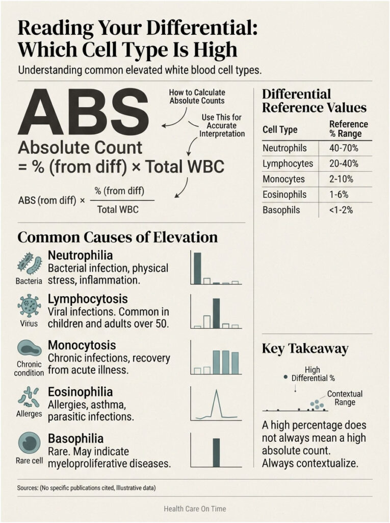 Infographic explaining elevated white blood cell types, including charts and causes for elevation.